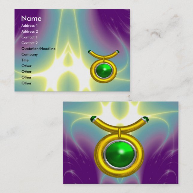 TAURUS /GOLD,GREEN EMERALD ZODIAC SIGN JEWEL BUSINESS CARD (Front/Back)