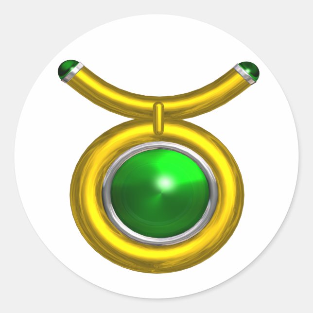 TAURUS /GOLD,GREEN EMERALD ZODIAC SIGN JEWEL CLASSIC ROUND STICKER (Front)