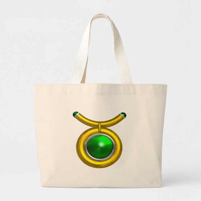 TAURUS /GOLD,GREEN EMERALD ZODIAC SIGN JEWEL LARGE TOTE BAG (Front)