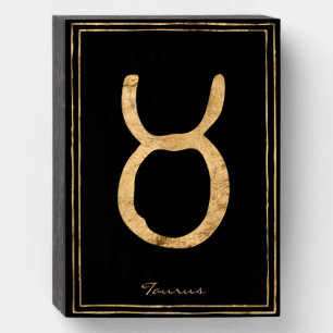 Taurus hammered gold stylized astrology symbol wooden box sign