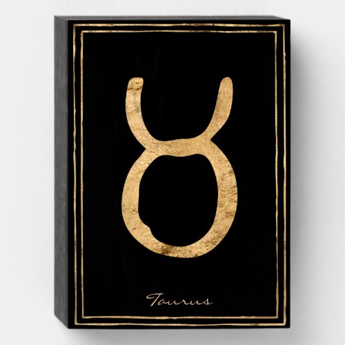 Taurus hammered gold stylized astrology symbol wooden box sign