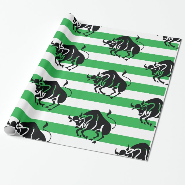 Taurus Horoscope Silhouette on Green Stripe Wrapping Paper (Unrolled)