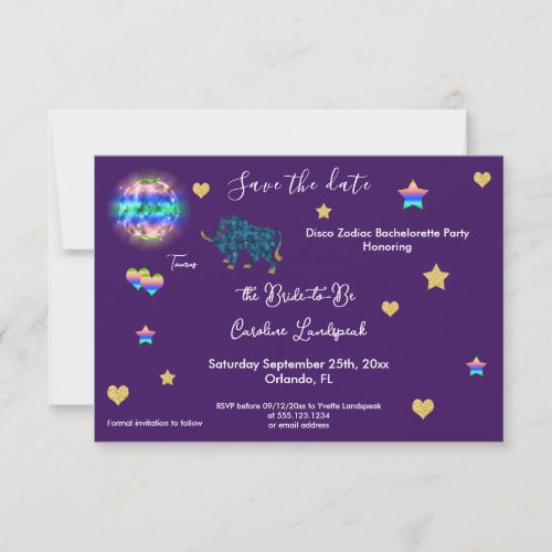 Taurus Sign  Disco Ball Bachelorette Party Save The Date