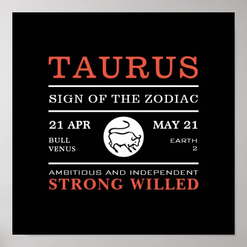 Taurus Sign of the Zodiac Astrological Poster