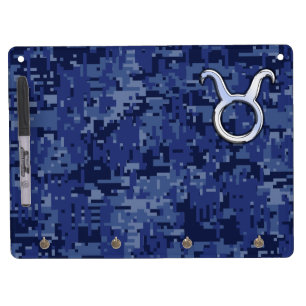 Taurus Sign on Navy Blue Digital Camouflage Dry Erase Board With Keychain Holder