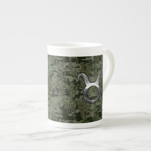 Taurus Sign on Woodland Green Digital Camouflage Bone China Mug
