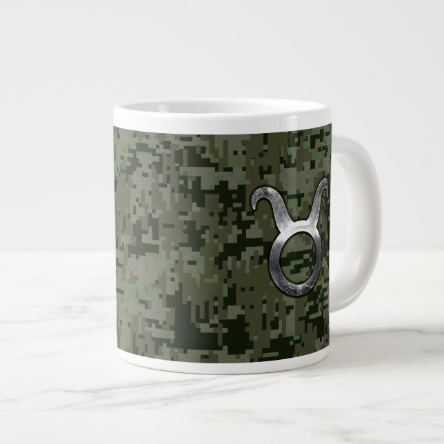 Taurus Sign on Woodland Green Digital Camouflage Giant Coffee Mug (Front Right)