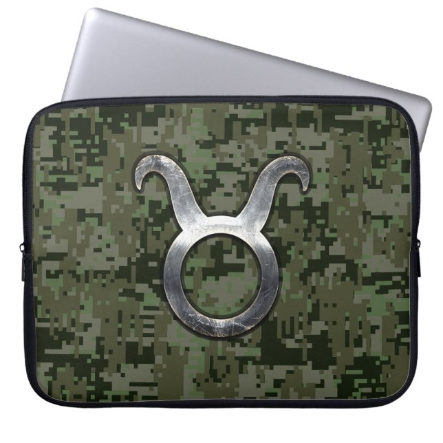 Taurus Sign on Woodland Green Digital Camouflage Laptop Sleeve (Front)
