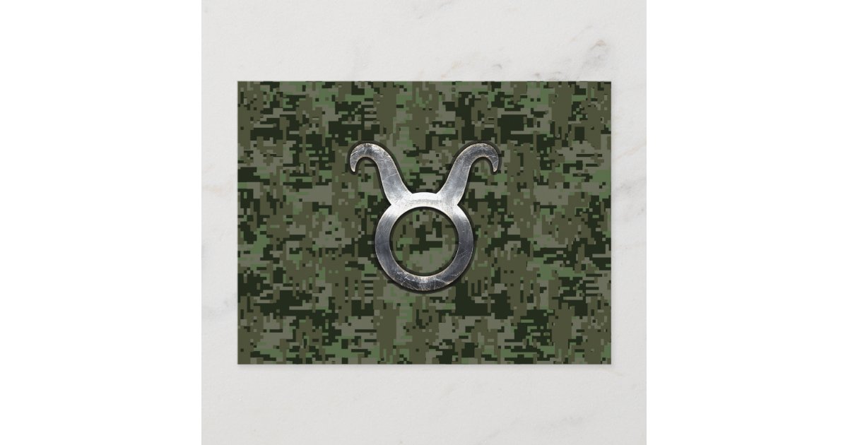 Taurus Sign on Woodland Green Digital Camouflage Postcard | Zazzle