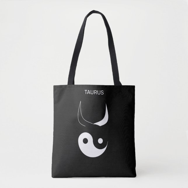 Taurus & Stylish Black & White Yin Yang on Black Tote Bag (Front)