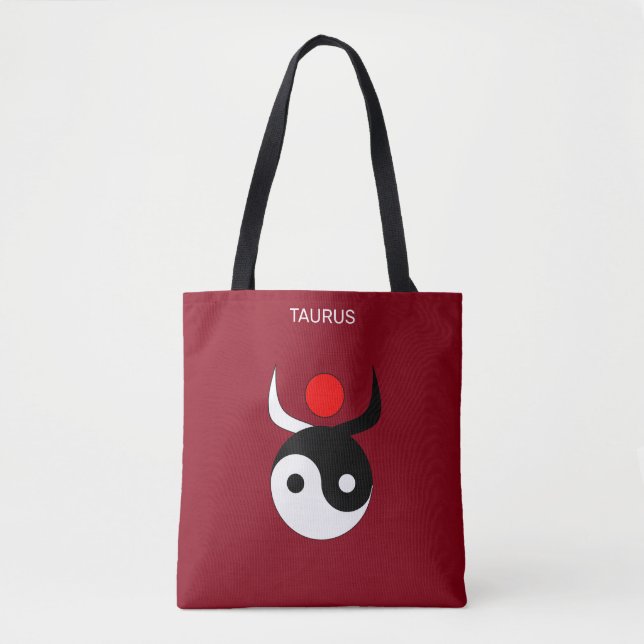 Taurus & Stylish Black & White Yin Yang on Maroon Tote Bag (Front)