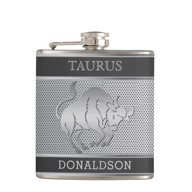 Taurus the Bull in Black and Silver Mesh Flask (Front)