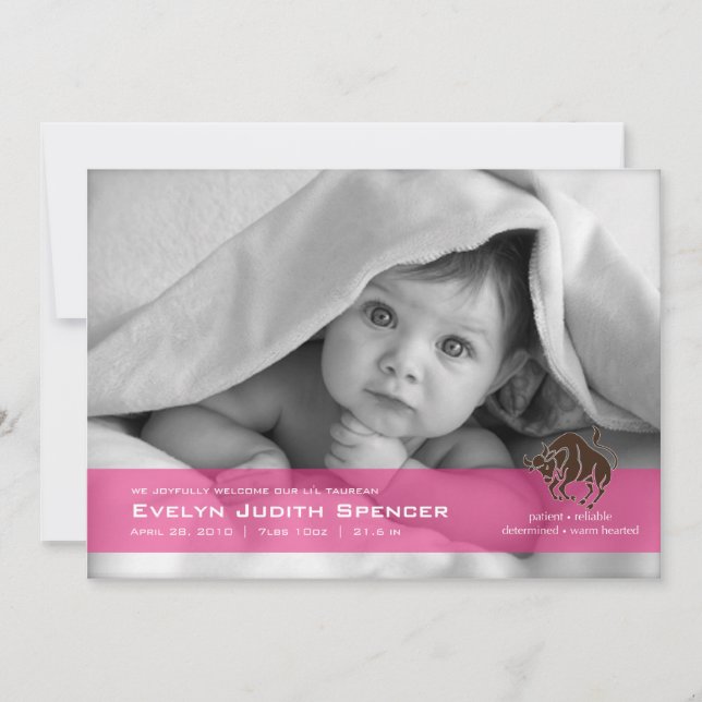 Taurus the Bull Photo Birth Announcement Card (Front)
