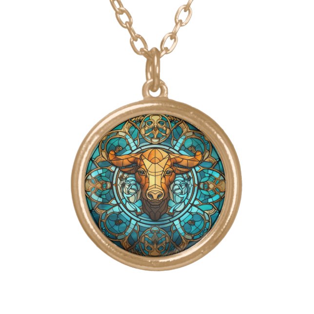Taurus the Bull Stained Glass Gold Plated Necklace (Front)