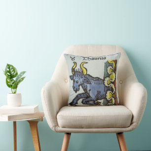 Taurus the Bull, Vintage Signs of the Zodiac Throw Pillow