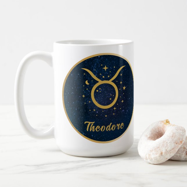 Taurus the Bull zodiac symbol gold personalized  Coffee Mug (With Donut)