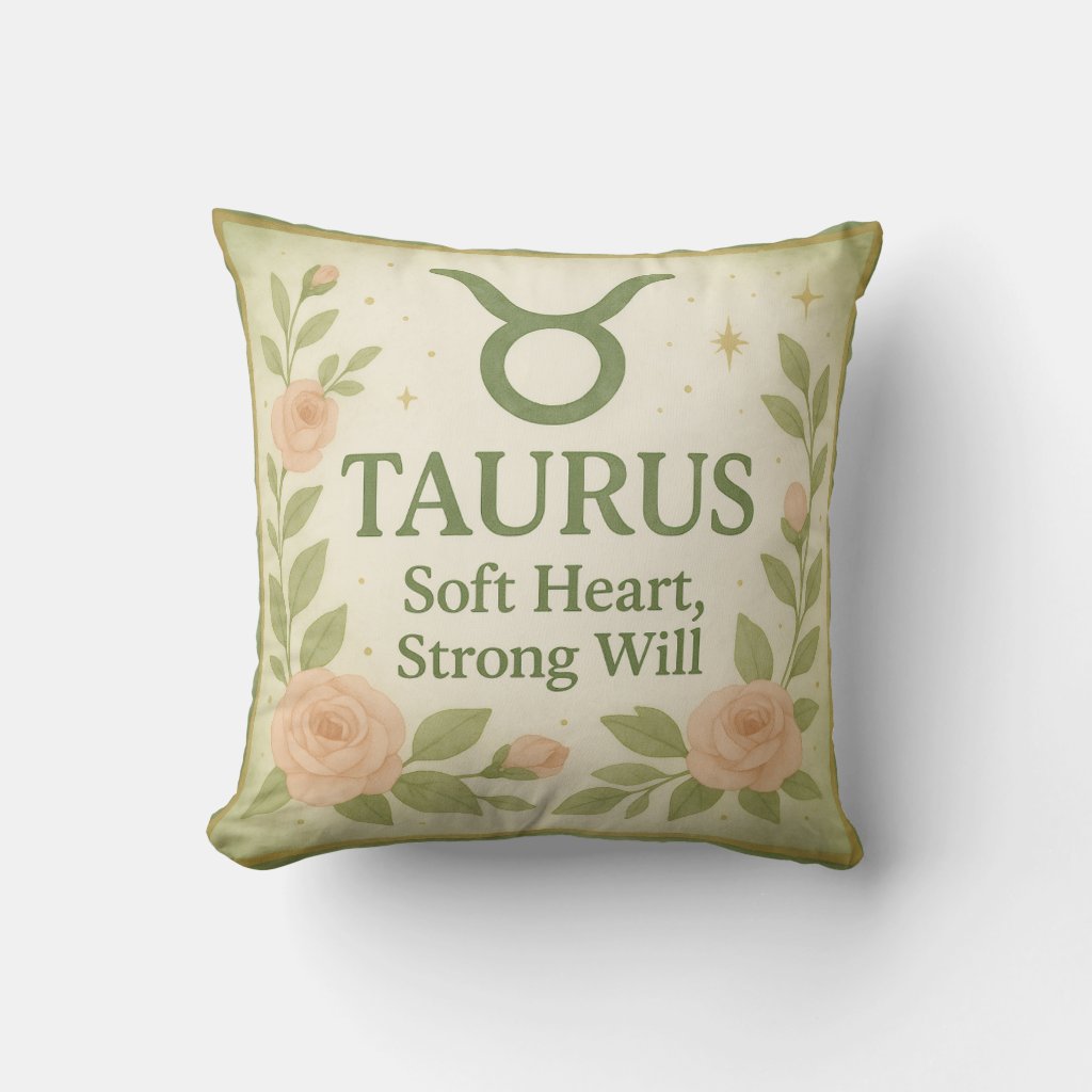 Taurus Zodiac Throw Pillow with Watercolor Roses