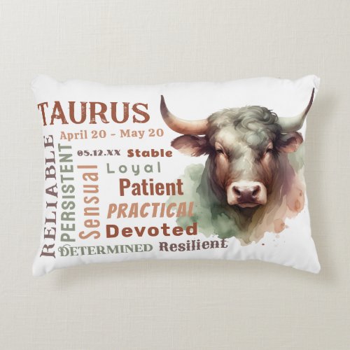 Taurus Traits Watercolor Bull Zodiac Sign Birthday Accent Pillow