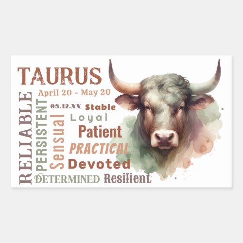 Taurus Traits Watercolor Bull Zodiac Sign Birthday Rectangular Sticker