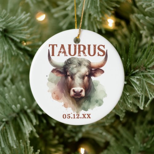 Taurus Watercolor Bull Zodiac Sign Birthday Ceramic Ornament