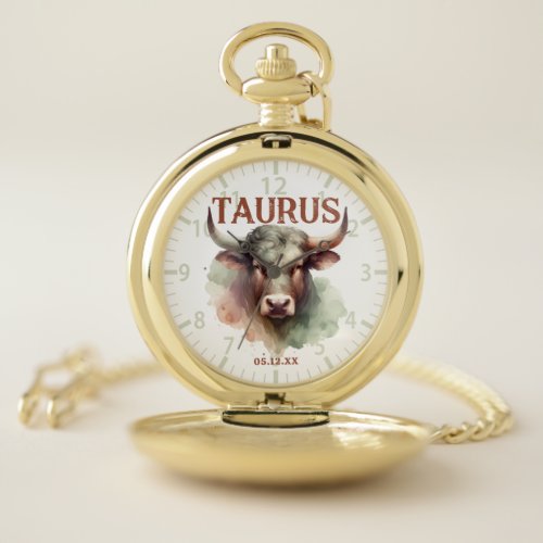 Taurus Watercolor Bull Zodiac Sign Custom Birthday Pocket Watch