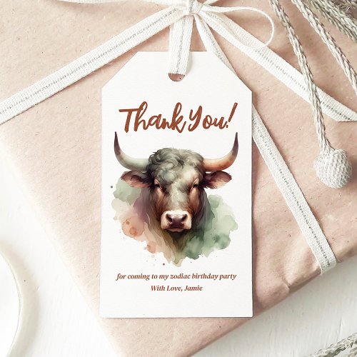 Taurus Watercolor Bull Zodiac Theme Birthday Party Gift Tags