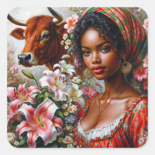 Taurus Woman With Bull Floral Square Sticker