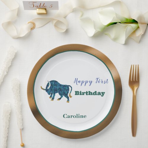 Taurus Zodiac 1st Birthday Gold &amp; Green Artistic Paper Plates