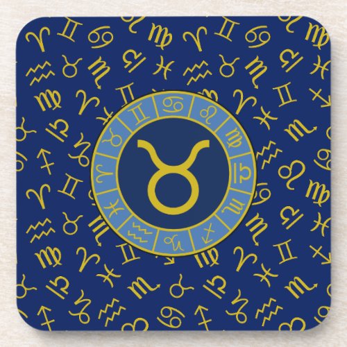 Taurus ZodiacAstrology Symbols Pattern GoldBlues Beverage Coaster