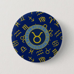 Taurus Zodiac+Astrology Symbols Pattern Gold+Blues Button