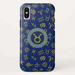 Taurus Zodiac+Astrology Symbols Pattern Gold+Blues iPhone X Case