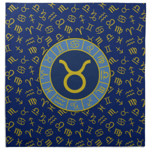Taurus Zodiac+Astrology Symbols Pattern Gold+Blues Cloth Napkin