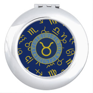 Taurus Zodiac+Astrology Symbols Pattern Gold+Blues Compact Mirror