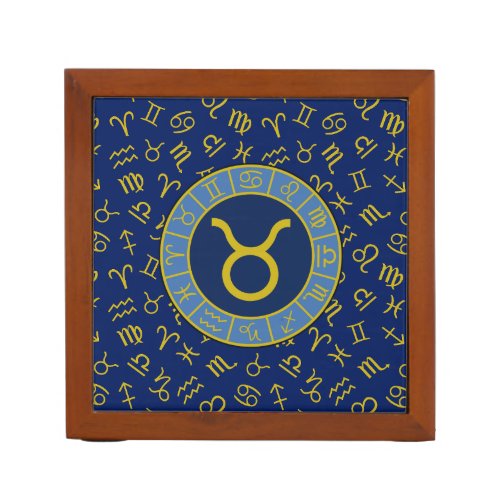 Taurus ZodiacAstrology Symbols Pattern GoldBlues Desk Organizer