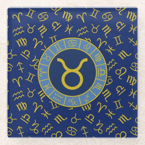 Taurus ZodiacAstrology Symbols Pattern GoldBlues Glass Coaster