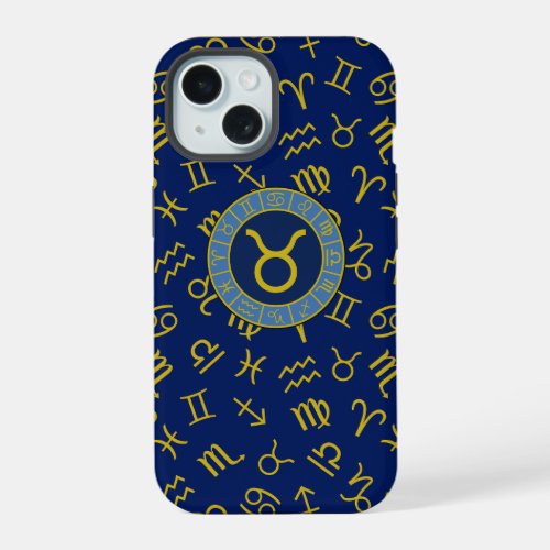 Taurus ZodiacAstrology Symbols Pattern GoldBlues iPhone 15 Case