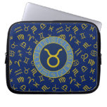 Taurus Zodiac+Astrology Symbols Pattern Gold+Blues Laptop Sleeve