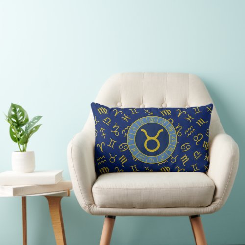 Taurus ZodiacAstrology Symbols Pattern GoldBlues Lumbar Pillow