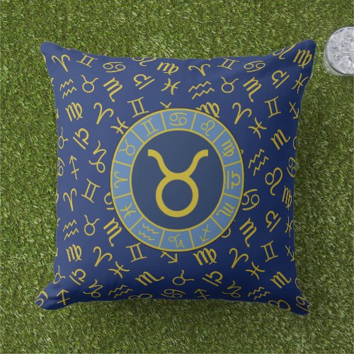 Taurus ZodiacAstrology Symbols Pattern GoldBlues Outdoor Pillow