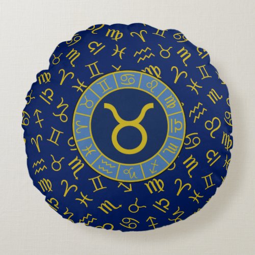 Taurus ZodiacAstrology Symbols Pattern GoldBlues Round Pillow