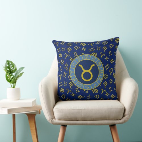 Taurus ZodiacAstrology Symbols Pattern GoldBlues Throw Pillow