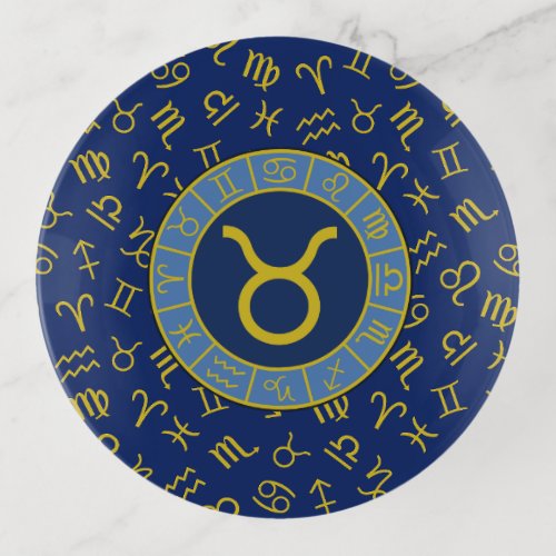 Taurus ZodiacAstrology Symbols Pattern GoldBlues Trinket Tray