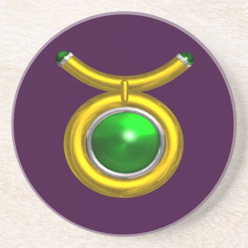 TAURUS ZODIAC BIRTHDAY JEWEL EmeraldGold Purple Coaster