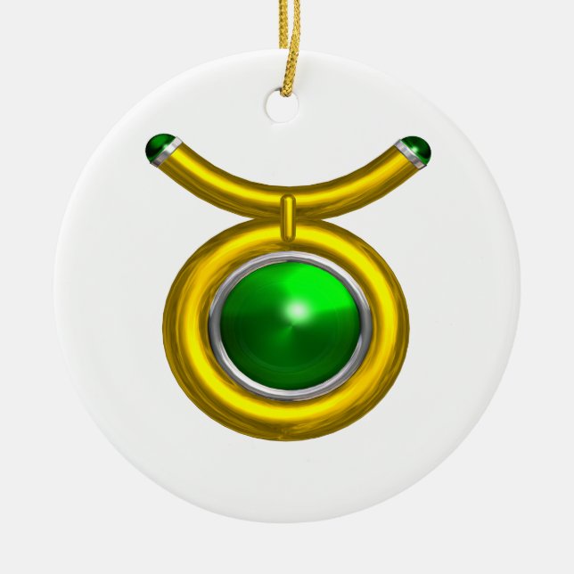 TAURUS ZODIAC BIRTHDAY JEWEL GREEN EMERALD Gold Ceramic Ornament (Front)