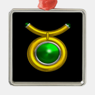 TAURUS ZODIAC BIRTHDAY JEWEL GREEN EMERALD Gold Metal Ornament