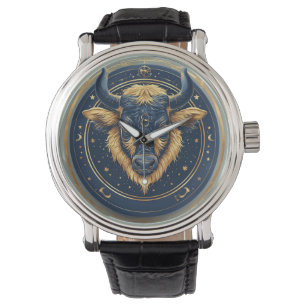 Taurus Zodiac Bull Emblem With Gold Ring Watch