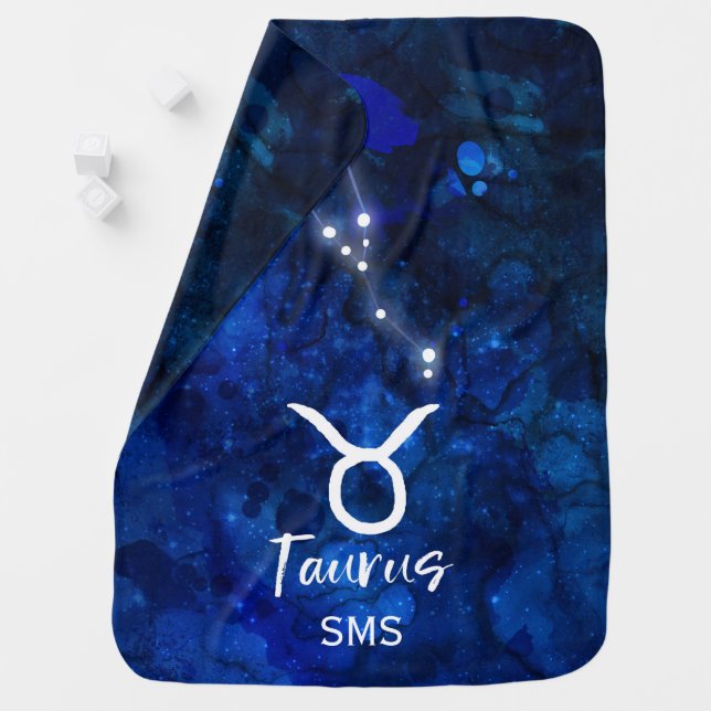 Taurus Zodiac Constellation Blue Galaxy Monogram Baby Blanket (In Situ)