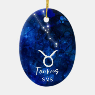 Taurus Zodiac Constellation Blue Galaxy Monogram Ceramic Ornament