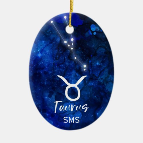 Taurus Zodiac Constellation Blue Galaxy Monogram Ceramic Ornament