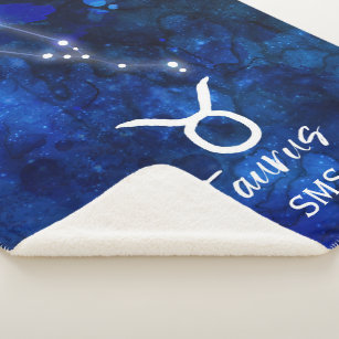 Taurus Zodiac Constellation Blue Galaxy Monogram Sherpa Blanket